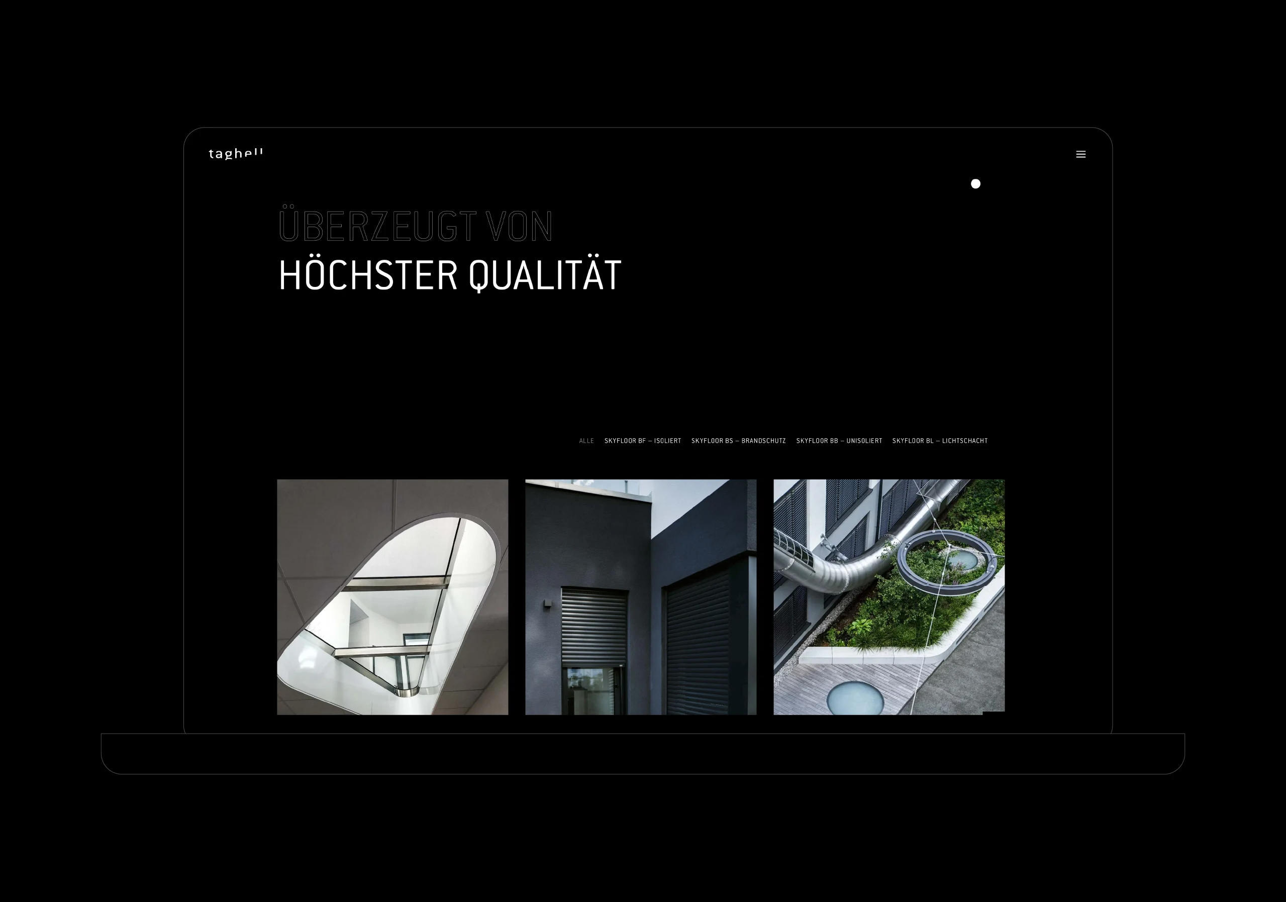 Mehrere Produktkacheln im dunklen UI; klare Typografie und Bildanteil.