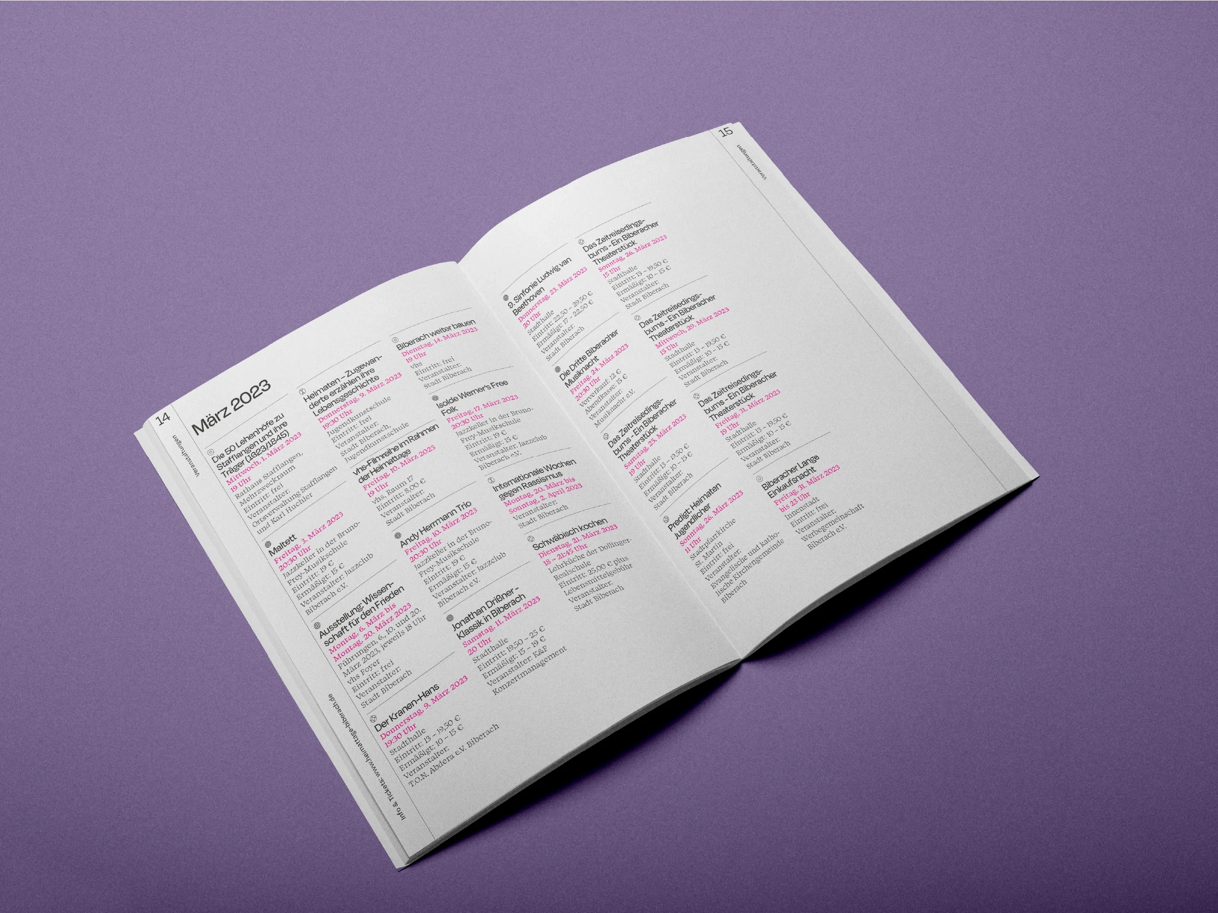 Doppelseite einer Eventübersicht