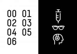 Ziffernsystem & Piktogramme – Wayfinding 5 afel mit 00–06 Ziffern und Icons (Spritze, Brille, Kopf) in Schwarz/Weiß.